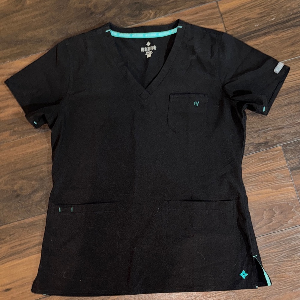Med Couture Black Scrub Top with Teal Trim